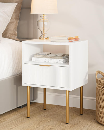 Masupu Nightstand,Mid-Century Modern Bedside Table with Storage Drawer and Open Wood Shelf,Small Gold Frame Side Table for Bedroom,Living Room,White