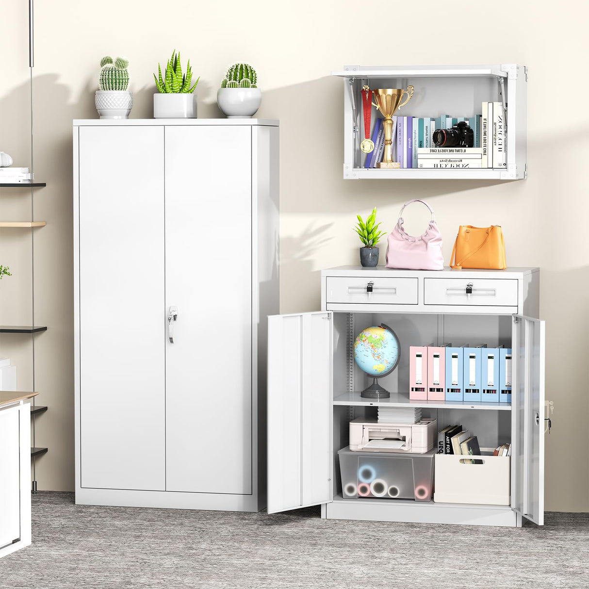Greenvelly Metal Storage Cabinet with Drawers,42” White Cabinet Steel Garage Cabinet with 2 Doors and Adjustable Shelves, Lockable Storage Cabinet for Home Office, Garage, School, Apartment, Warehouse Greenvelly