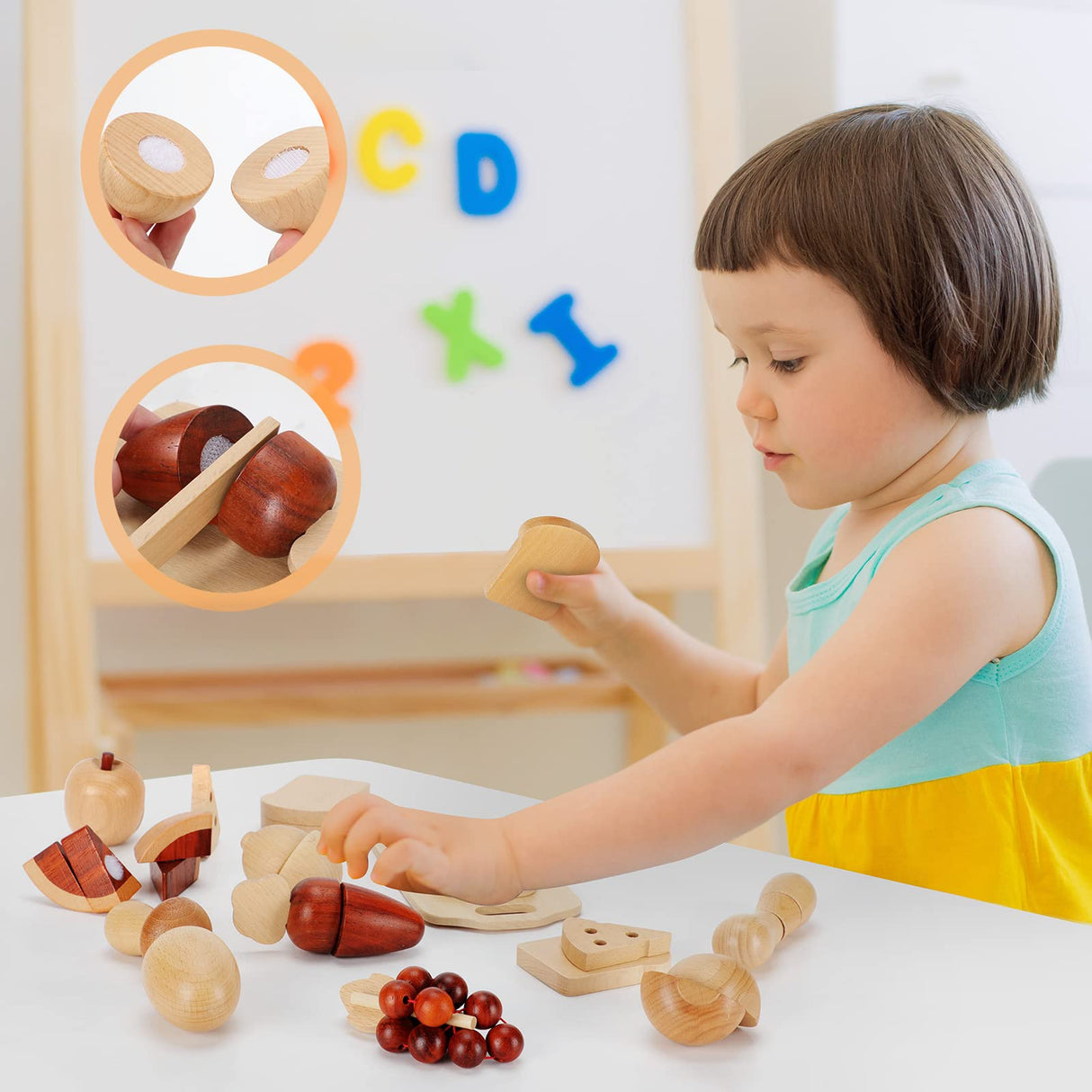 WHOHOLL Wooden Play Food, Toddler Cutting Play Food Sets for Kids Kitchen, Velcro Fake Food Fruit Toys for Pretend Play Kitchen, Montessori Toy Kitchen Accessories for Girls Boys Gifts WHOHOLL