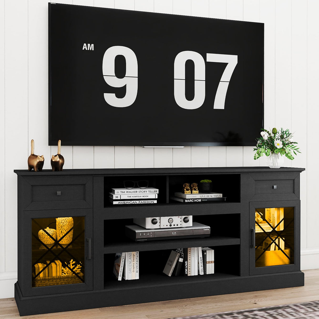 ENOUSHU 70 Inch Farmhouse TV Stand Table for 75 80 inch TV, Modern Entertainment Center with LED Lights and Glass Doors, Wooden Black TV Stands for Living Room ENOUSHU