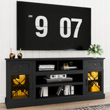 ENOUSHU 70 Inch Farmhouse TV Stand Table for 75 80 inch TV, Modern Entertainment Center with LED Lights and Glass Doors, Wooden Black TV Stands for Living Room ENOUSHU