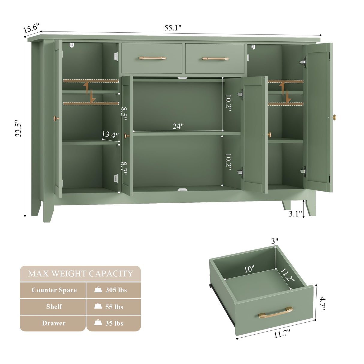 HORSTORS 55" Buffet Cabinet with Storage, Kitchen Buffet Sideboard with Drawers, Large Storage Cabinet with Doors and Shelves, Modern Farmhouse Coffee Bar for Kitchen, Dining Room, Living Room, Green HORSTORS