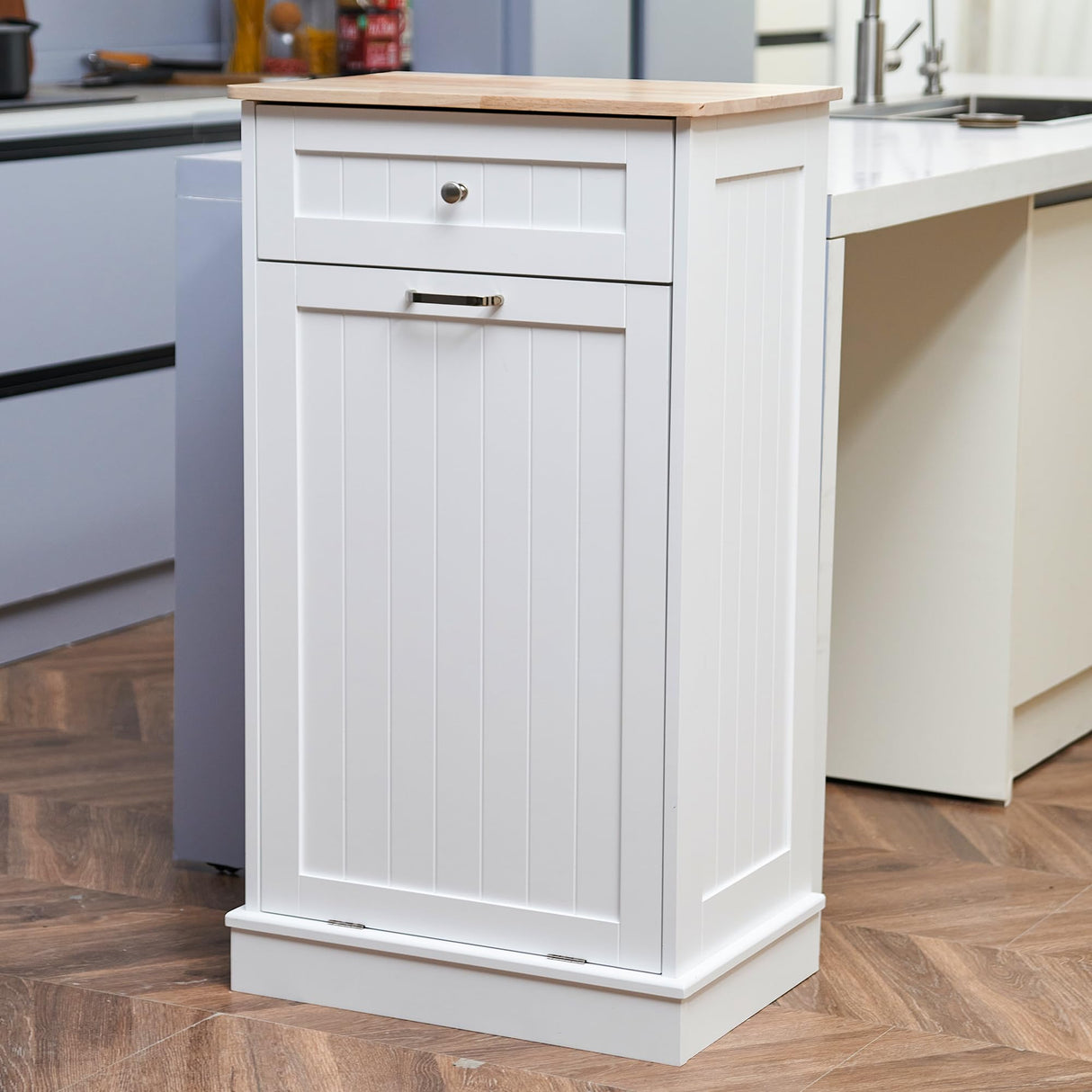 OUTGUAVA 13 Gallon Tilt Out Trash Cabinet Kitchen Waste Bins,50 Quart Laundry Hamper Tilt Out Pet Proof Hidden Trash Bin for Kitchen Living Room,White OUTGUAVA