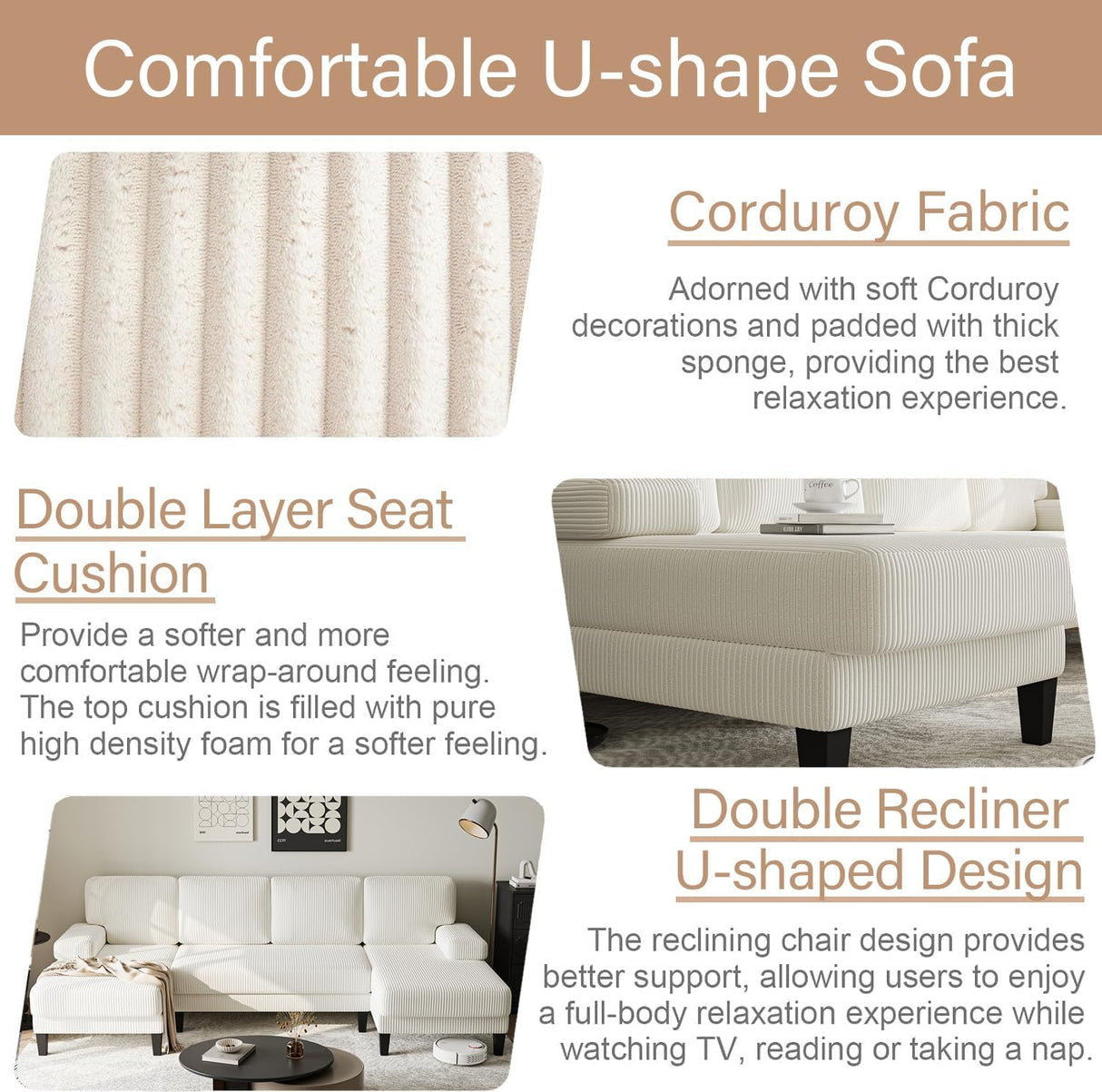 112'' Corduroy U Shaped Couch with Sleeper Lounge Chaise, 4 Seat Modern Comfy Sectional Sofa Couches for Living Room Spacious Space Apartment Office (112'' Corduroy White) ASAHREE
