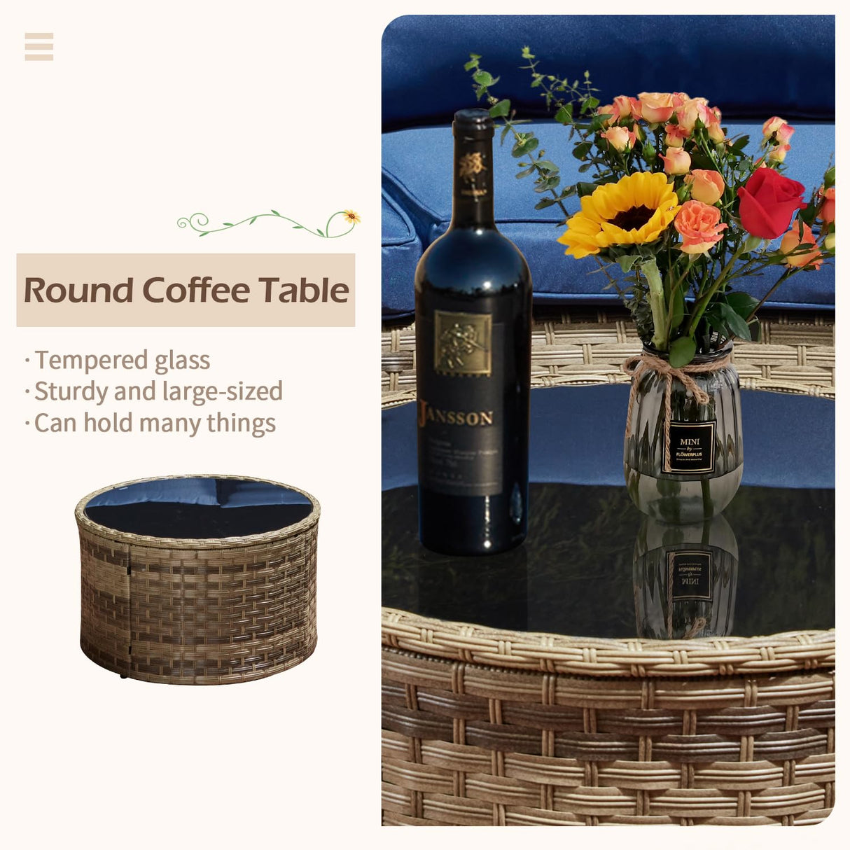 ECOTOUGE Half Moon Patio Furniture Set, 7-Piece All-Weather Wicker Curved Sofa Set, Half Moon Outdoor Couch with High Backs, Fit for Pool Backyard Balcony Garden(Blue) ECOTOUGE