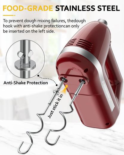 Z-DESDEMONA Electric Hand Mixer, Powerful 300W Hand Mixer Electric Handheld with 304 Beaters, Dough Hook, Hand Held Mixer with Turbo for Baking Cakes, Eggs, Cream Food(Red)