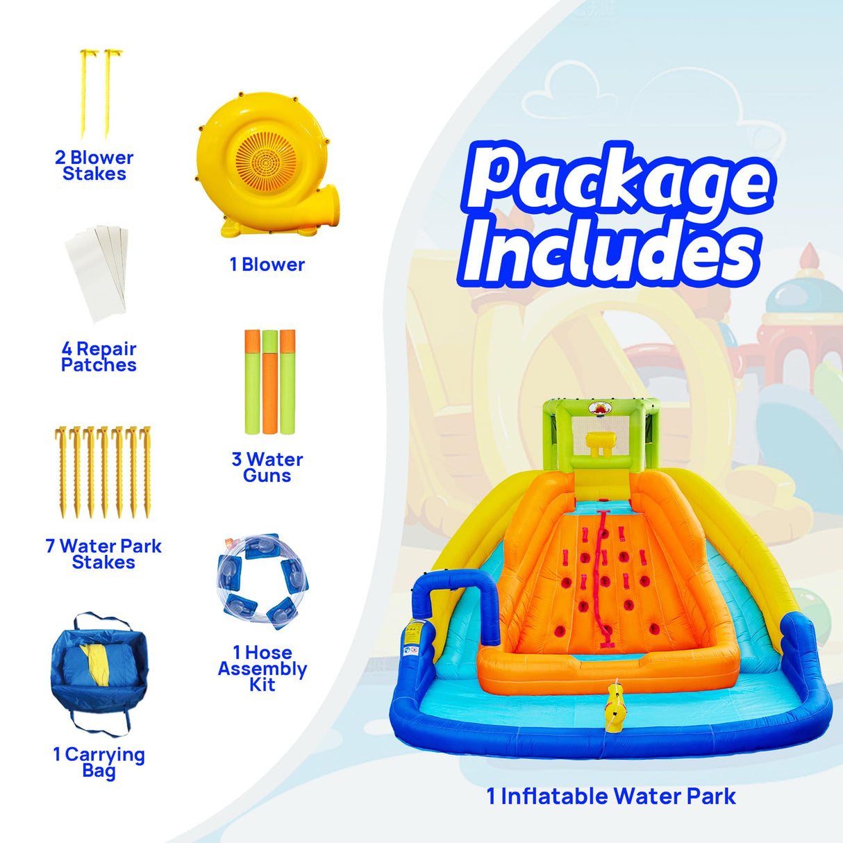 WELLFUNTIME Inflatable Water Slide, Bounce House with Water Bucket, Deep Pool, Climbing Wall with Rope, Bouncy Castle with Air Blower WELLFUNTIME