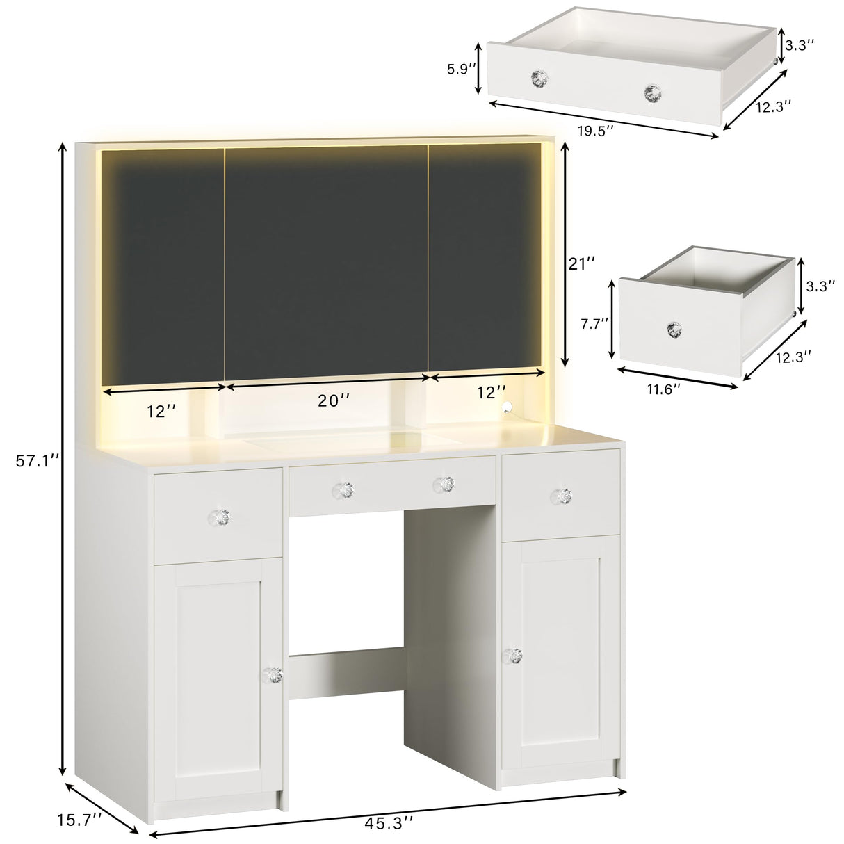 HUAHUU Vanity Desk with Mirror and Lights, 45.3'' Large Makeup Vanity with Glass Top & Power Outlet, White Vanity Table with 3 Drawers & 2 Cabinets & Hidden Storage Shelves, 3 LED Lighting Modes HUAHUU