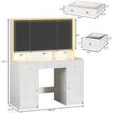 HUAHUU Vanity Desk with Mirror and Lights, 45.3'' Large Makeup Vanity with Glass Top & Power Outlet, White Vanity Table with 3 Drawers & 2 Cabinets & Hidden Storage Shelves, 3 LED Lighting Modes HUAHUU