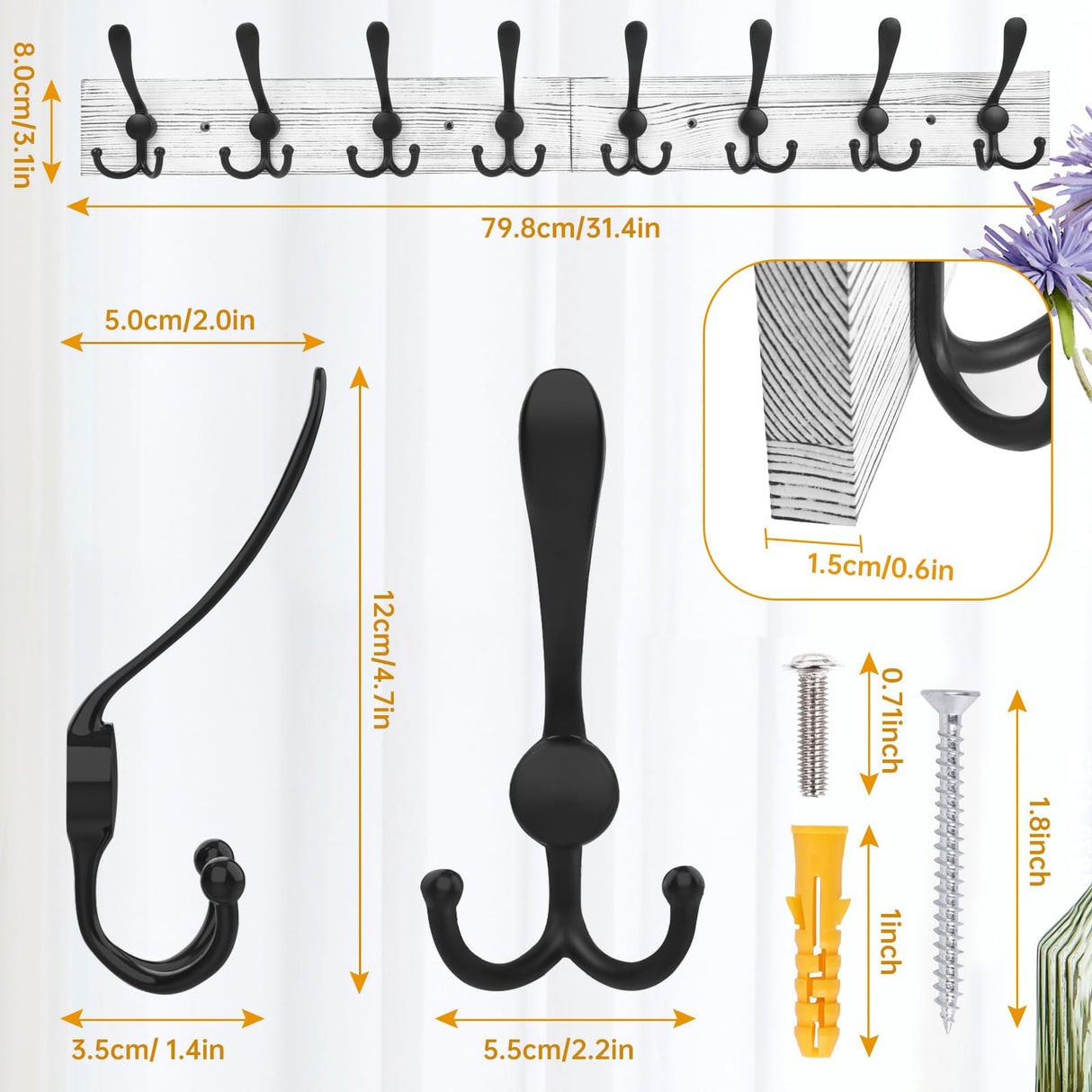 IBosins Wall Mounted Coat Rack, 31-2/5'' Long, Entryway Hanging Coat Rack, Metal Wood Coat Rack with 8 Black Rustic Tri-Hooks Rail for Coat, Bag, Towel, Key, Hat, Umbrella IBosins