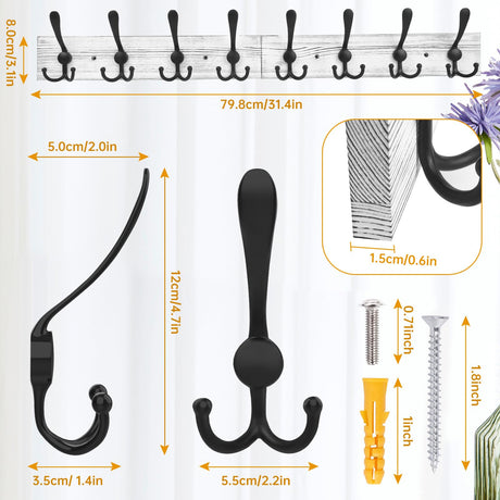 IBosins Wall Mounted Coat Rack, 31-2/5'' Long, Entryway Hanging Coat Rack, Metal Wood Coat Rack with 8 Black Rustic Tri-Hooks Rail for Coat, Bag, Towel, Key, Hat, Umbrella IBosins