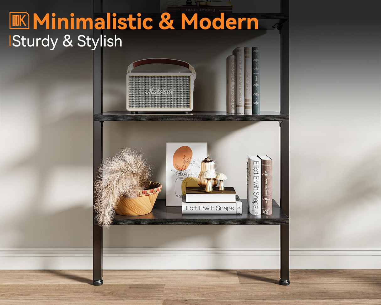 ODK 5-Tier Ladder Shelf, 74 Inches Wall Mounted Ladder Bookshelf with Metal Frame, Open Industrial Shelves for Home Office, Bedroom and Living Room, Black ODK