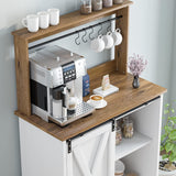 Farmhouse Style Coffee Bar Cabinet with Sliding Barn Door and 6 Hooks - 50 Inch White Buffet Storage 4ever2buy