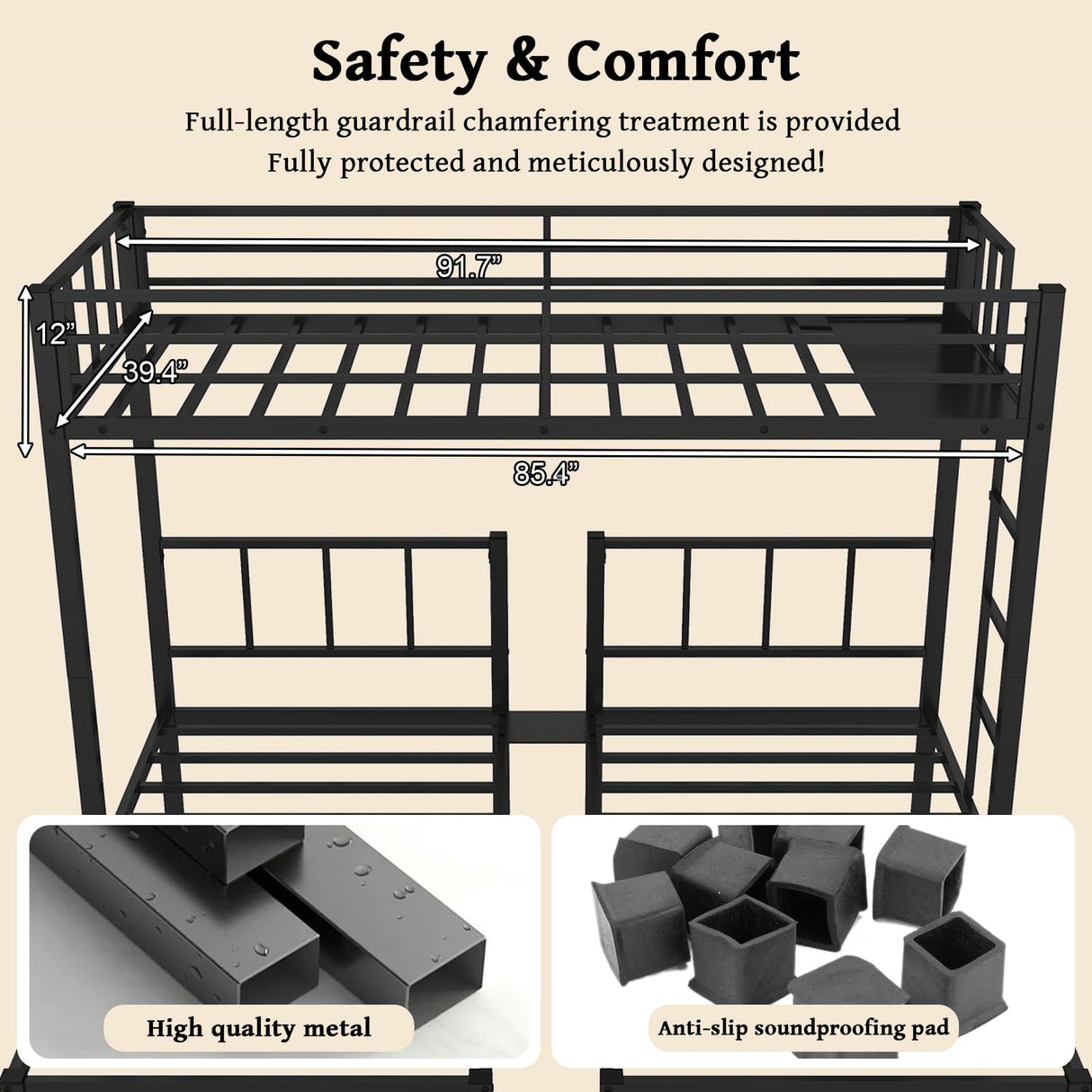 HKOLIE Heavy Duty Triple Bunk Bed for 3, Twin Over Twin Over Twins with Guardrails and Ladder, Metal Bunk Bed, 3 Bed Teens and Adults, No Box Spring Needed (Black) HKOLIE