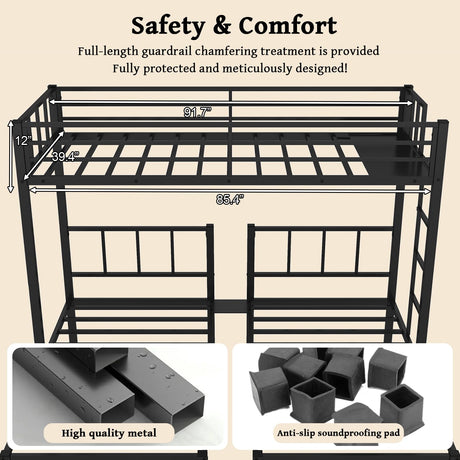 HKOLIE Heavy Duty Triple Bunk Bed for 3, Twin Over Twin Over Twins with Guardrails and Ladder, Metal Bunk Bed, 3 Bed Teens and Adults, No Box Spring Needed (Black) HKOLIE