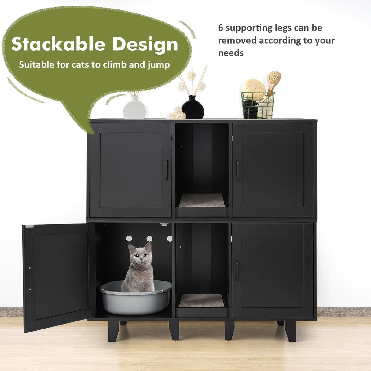 Tangkula Double Cat Litter Box Enclosure for 2 Cats, Large Stackable Hidden Privacy Cat Washroom Cabinet with Scratching Board, Indoor Cat House TV Stand Side Table, Litter Box Furniture (Black) Tangkula