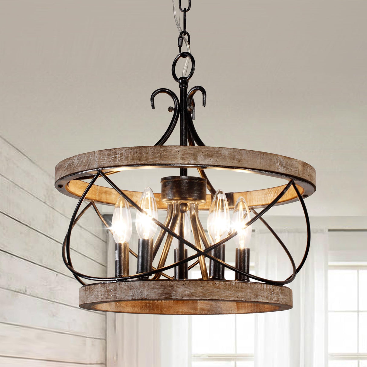 Dawn Whisper Farmhouse Chandelier, 15.7" Rustic Drum Chandelier Light Fixture Over Table, 5-Light Candle Wood Chandelier for Dining Room, Kitchen Dawn Whisper