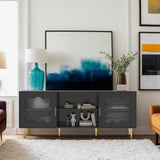 Runglecho Mid-Century Modern TV Stand and Cabinet for 65, 70 and 75 Inch Televisions, Black Glass Entertainment Center with Storage, Stylish Console Table for Living Room and Bedroom (Black) Runglecho