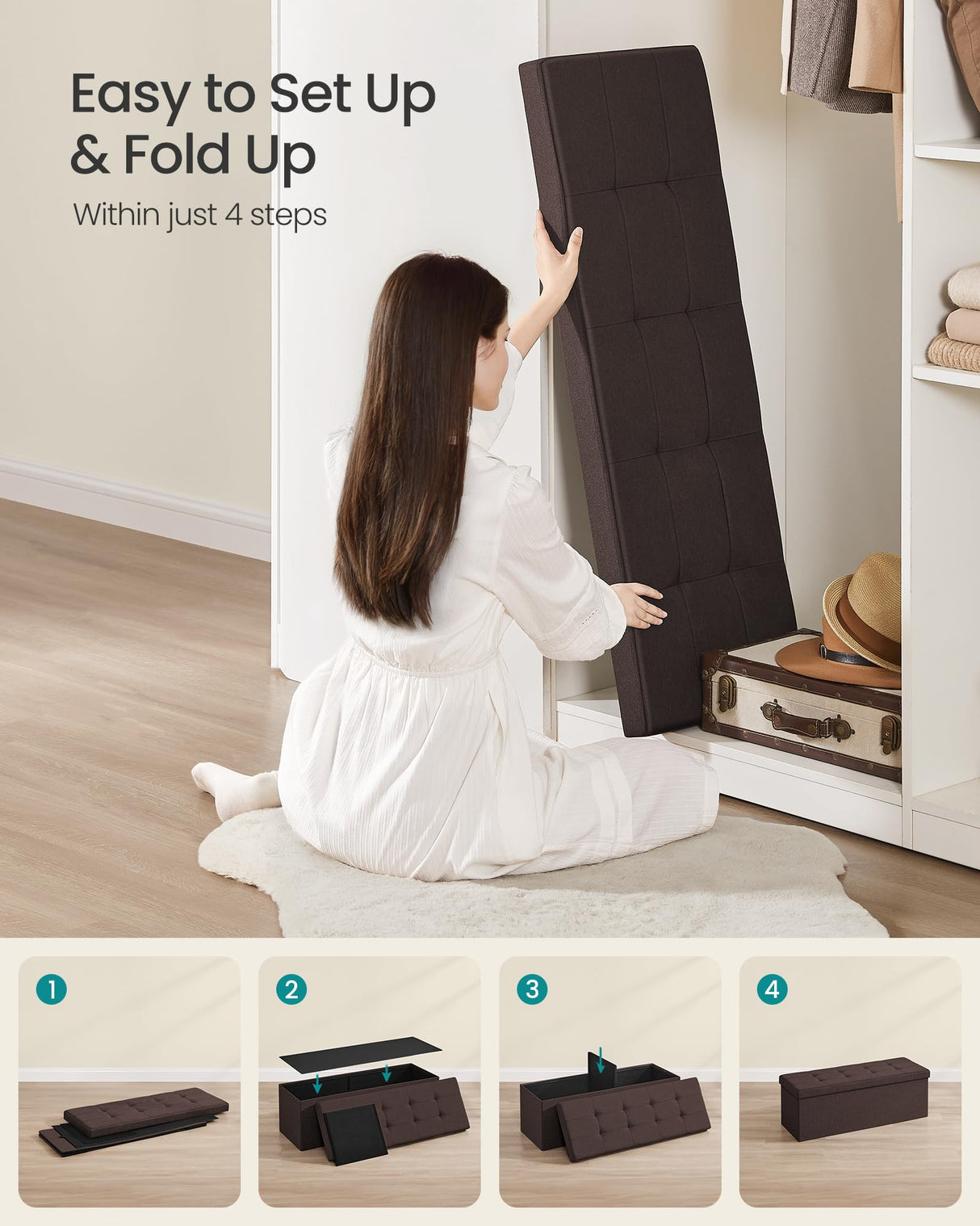 SONGMICS MAZIE Collection - 43 Inches Folding Storage Ottoman Bench, Ottoman Foot Rest, End of Bed Bench, Storage Chest, Load 660 lb, for Living Room, Bedroom, Entryway, Brown ULSF77BR SONGMICS