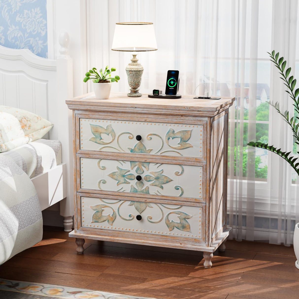VINGLI Washed White Dresser with Charging Station, 3 Drawer Dresser Boho Wood Chest of Drawers, Wooden Dressers with Drawers and Solid Wood Legs VINGLI
