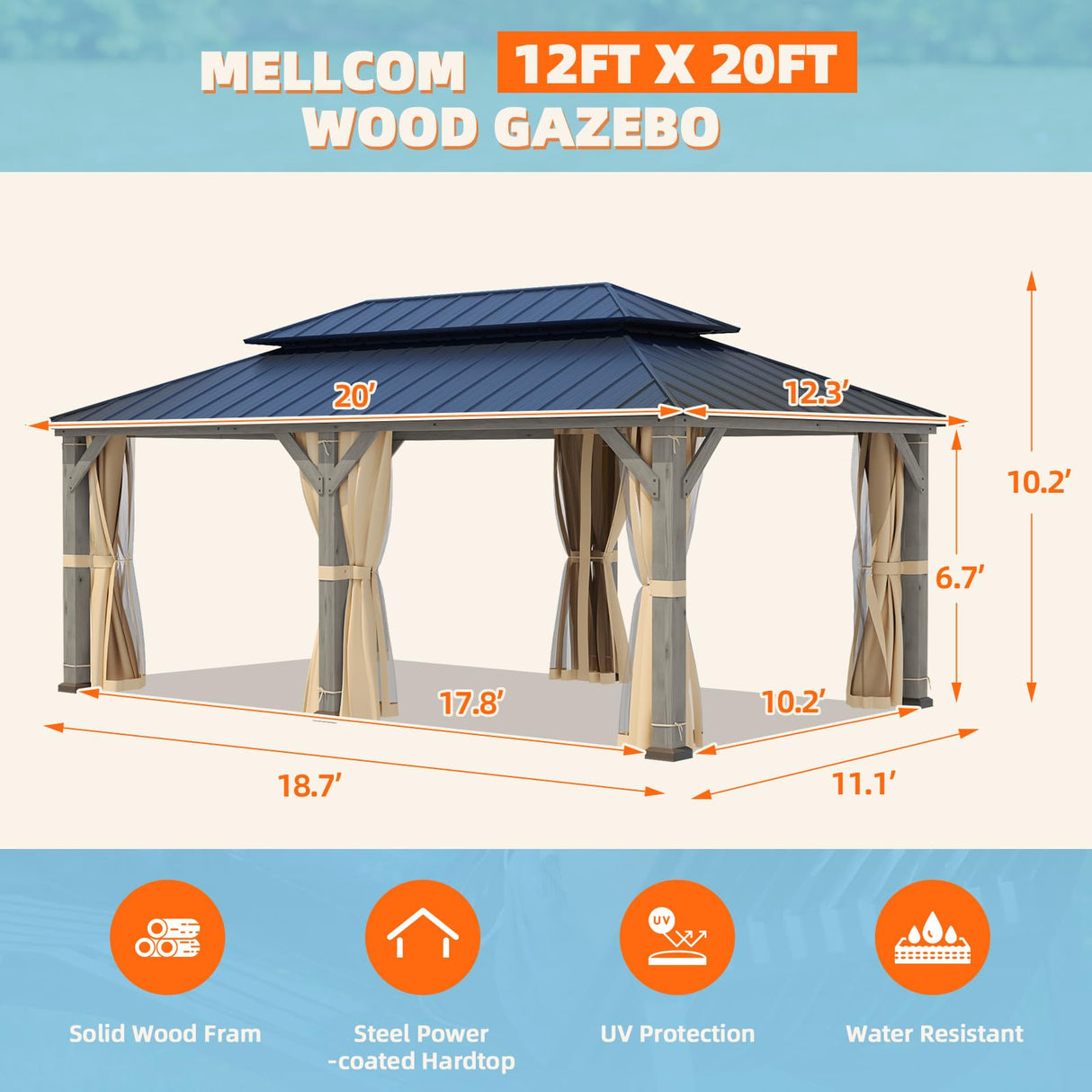 MELLCOM 12' x 20' Outdoor Hardtop Gazebo, Cedar Wood Framed Gazebo with Powder Coated Metal Roof for Gardens, Patios, Lawns,Vintage grey MELLCOM
