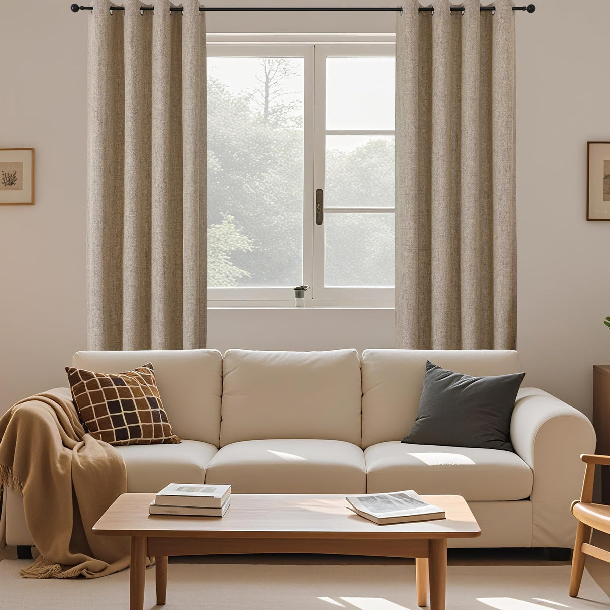 CUCRAF 100% Blackout Window Curtains 84 inches Long 2 Panels Set, Faux Linen Look Thermal Insulated Grommet Drapes, Room Darkening Curtain for Bedroom Living Room(W52 x L84 Inch, Light Khaki) CUCRAF