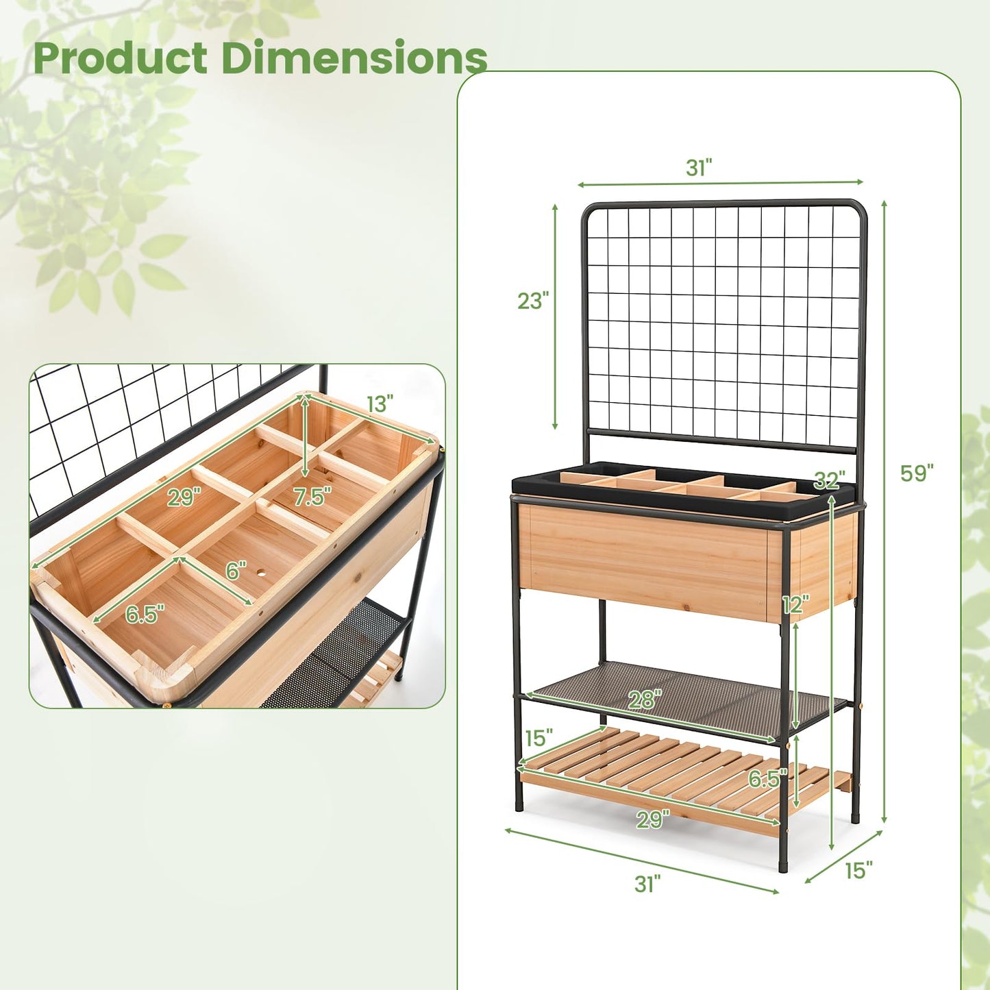 HAPPYGRILL Outdoor Raised Garden Bed, 59” Wooden Elevated Planter Box w/Open Storage Shelves, Removable Grid Divider, Drain Holes & Black Liner, Raised Garden Bed w/Legs & Trellis for Vegetables