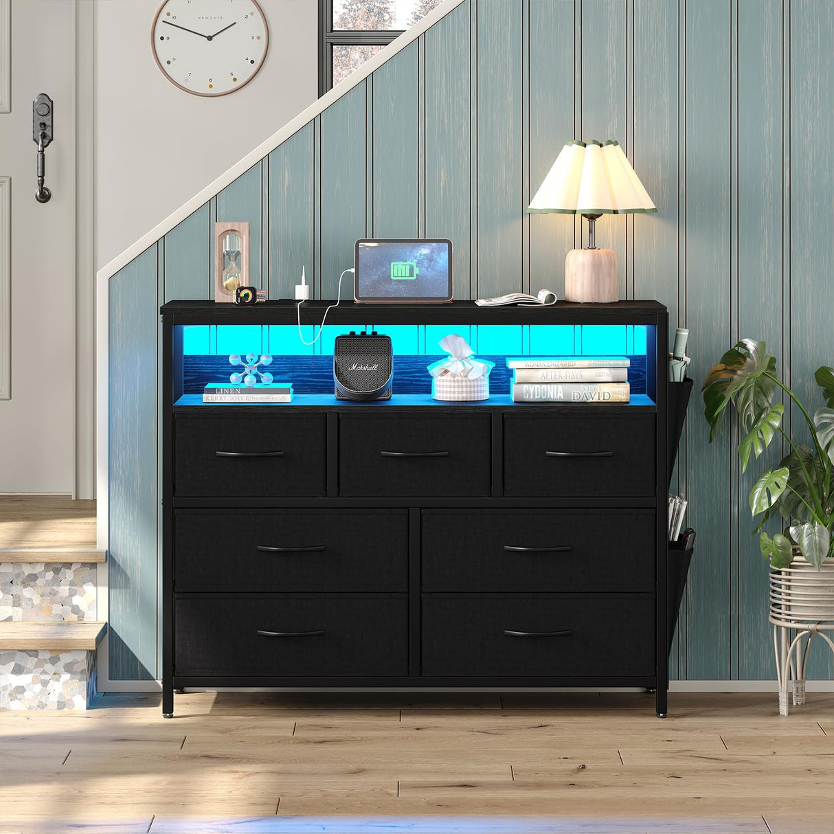 CollaredEagle 7 Drawer Dresser with Charging Station, TV Stand Fabric Storage Tower for Bedroom,Storage Drawers with LED, Wooden Top for TV up to 43 inch, for Bedroom, Living Room, Entryway, Black CollaredEagle