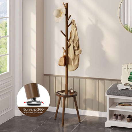 GREENSTELL Coat Rack with 8 Hooks, Wooden Coat Rack Freestanding with Shelf, Coat Tree with 4 Height Options 50.5"-72.6", Coat Hanger Stand for Bags, Clothes, Umbrellas, Hats, in Home, Brown GREENSTELL
