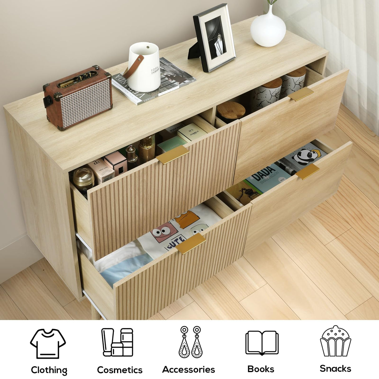 VOWNER 4 Drawer Dresser, Modern Closet Dressers with Wide Drawers, Farmhouse Wood Storage Chest of Drawers for Bedroom, Living Room VOWNER