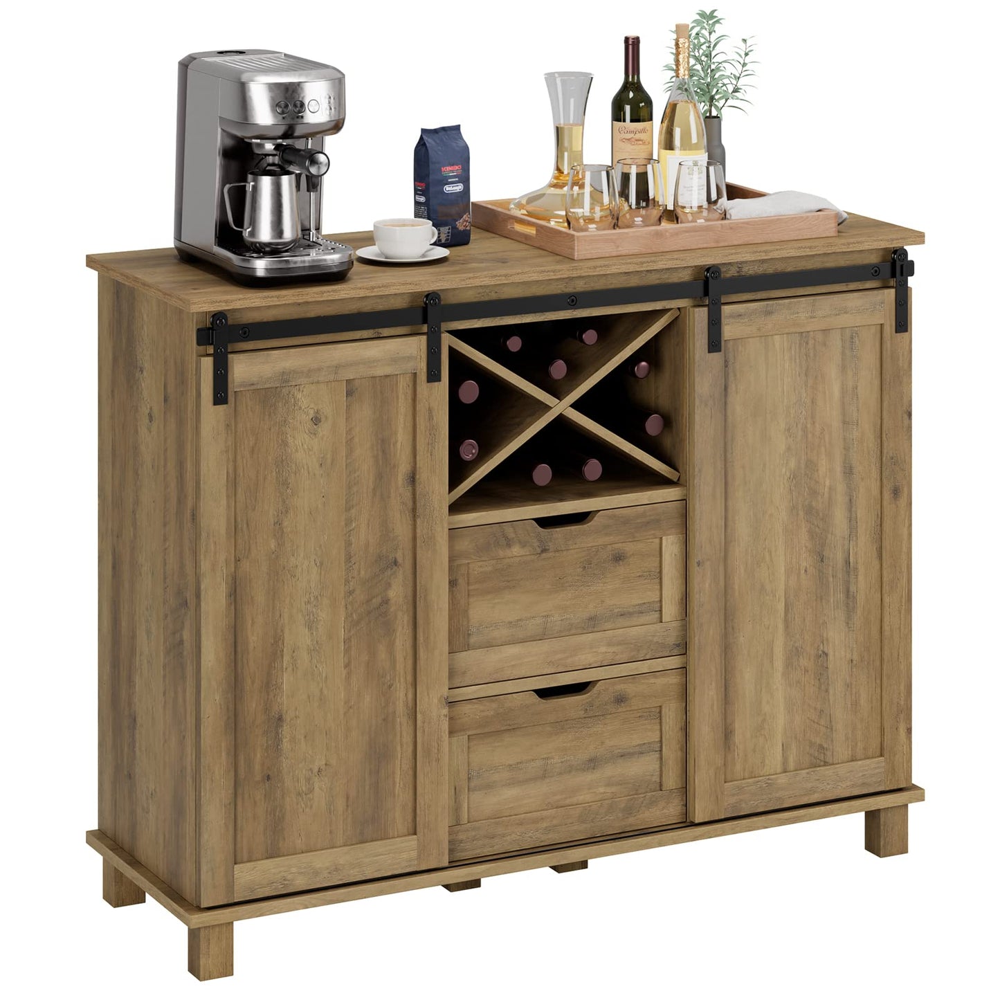 HOSTACK Farmhouse Buffet Sideboard, Coffee Bar Cabinet with Storage, Liquor Wine Cabinet with Sliding Barn Doors, Accent Cabinet for Kitchen, Home, Rustic Brown - WoodArtSupply