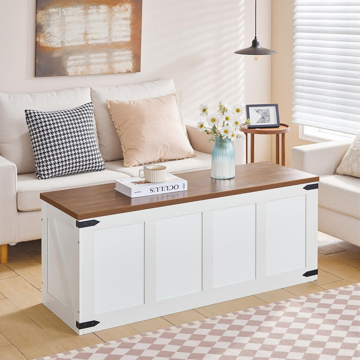 HOOBRO Storage Bench, 47.2”Toy Box Organizer with Safety Hinges, Farmhouse Wooden Storage Chest, for Hallway, Bedroom, Living Room, White and Walnut WH520CW01 HOOBRO