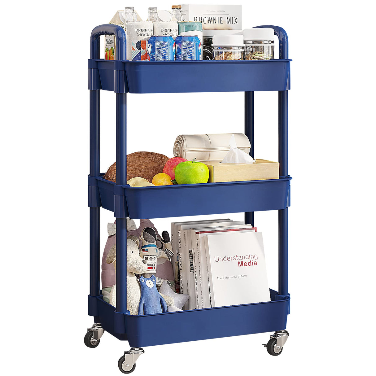 UDEAR 3-Tier Rolling Utility Cart with 12 Category Labels,Multifunctional Storage Shelves with Handle and Lockable Wheels for Room,Office,Kitchen,Bathroom,Blue UDEAR