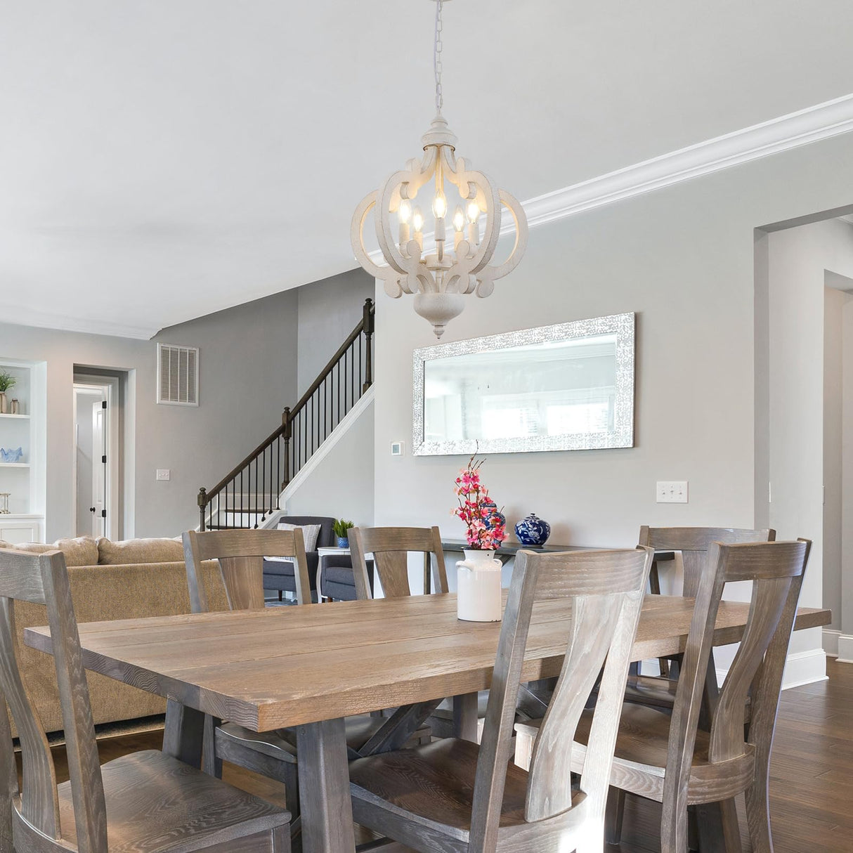 LynPon White French Country Chandelier, 5 Lights Distressed Wood Farmhouse Chandeliers Kitchen Light Fixtures, 17" Antique Hanging Pendant Light for Bedroom Foyer Entryway Hallway Staircase LynPon