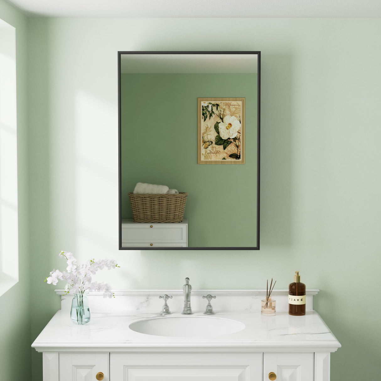 Buruis 14"x 24" Framed Medicine Cabinet with Mirror, Recessed or Wall Mounted Bathroom Cabinet, Adjustable Tempered Glass Shelves, Left/Right Open Reversible, No Assembly Required, Black Buruis