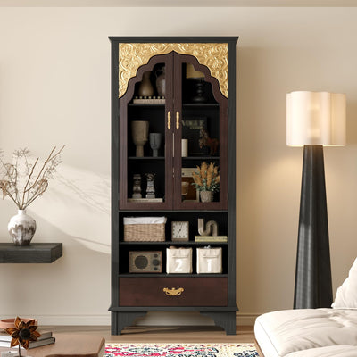 Hitow Bookshelf with Glass Doors & Drawer, 72" Tall Bookcase with 5-Tier Storage, Antique Wooden Display Cabinet, Vintage Storage Cabinet with Carved Panels & Golden Accents, Brown & Black
