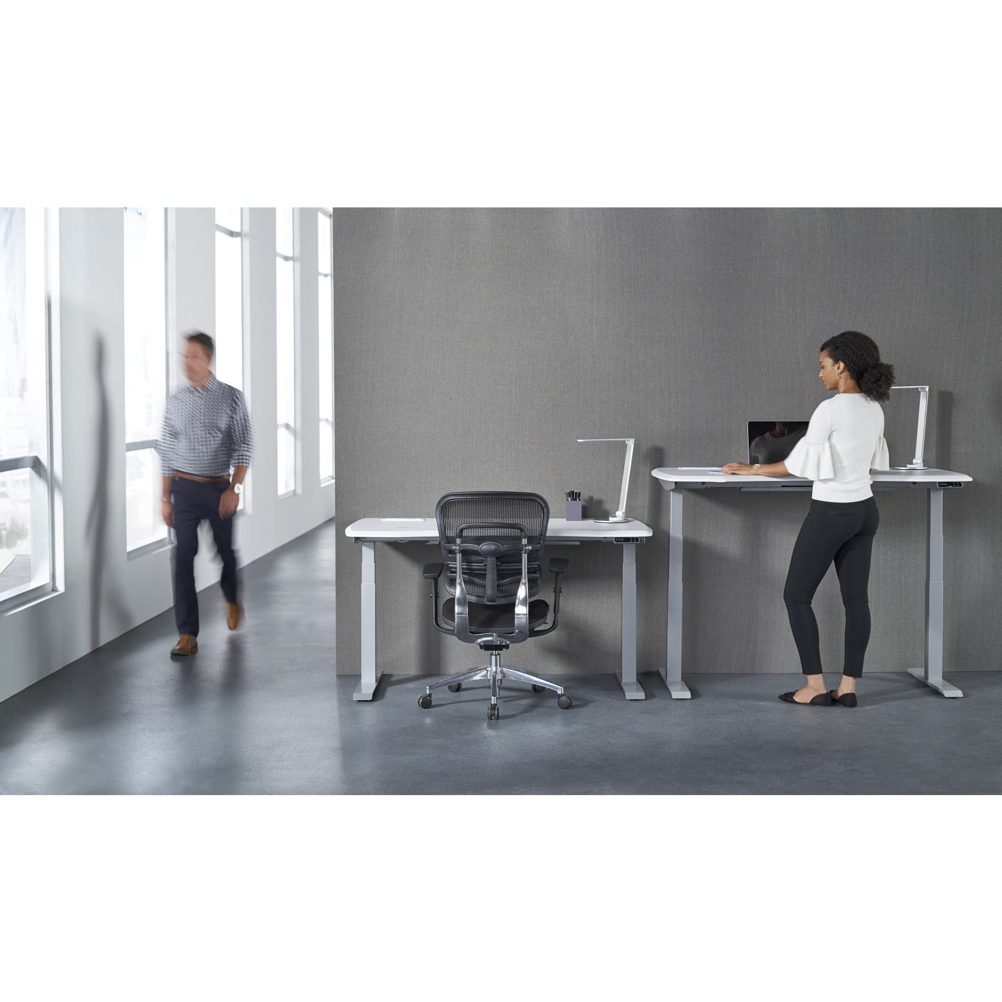 WorkPro® Electric Height-Adjustable Standing Desk with Wireless Charging, 60", White - WoodArtSupply