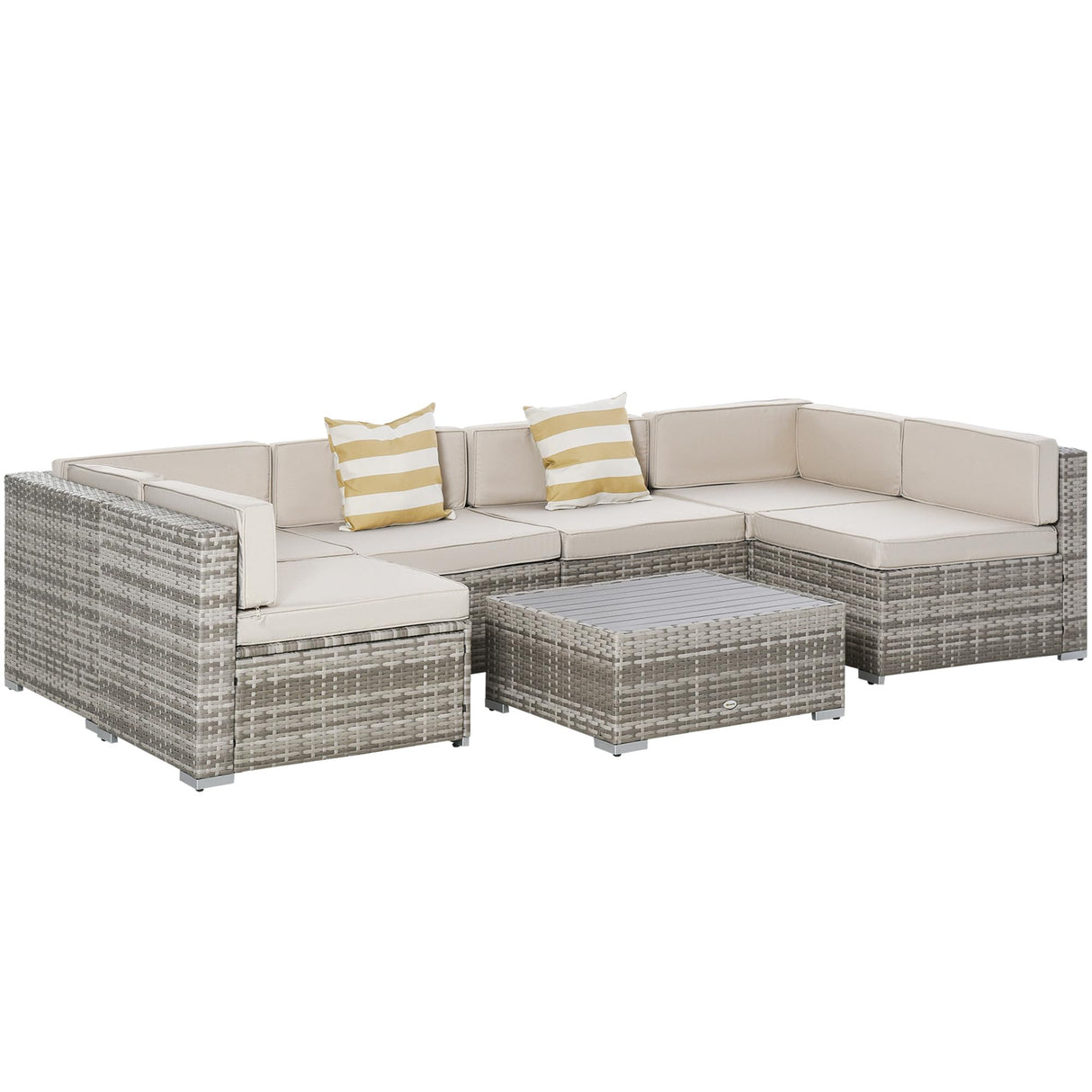 Outsunny 7-Piece Patio Furniture Set, Outdoor Wicker Conversation Set, All Weather PE Rattan Sectional Sofa Set with Cushions and Faux Wood Table, Stripe Pillows, Beige Outsunny