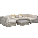Outsunny 7-Piece Patio Furniture Set, Outdoor Wicker Conversation Set, All Weather PE Rattan Sectional Sofa Set with Cushions and Faux Wood Table, Stripe Pillows, Beige Outsunny