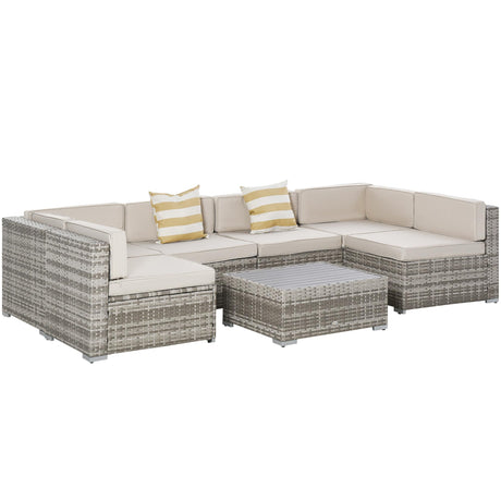 Outsunny 7-Piece Patio Furniture Set, Outdoor Wicker Conversation Set, All Weather PE Rattan Sectional Sofa Set with Cushions and Faux Wood Table, Stripe Pillows, Beige Outsunny