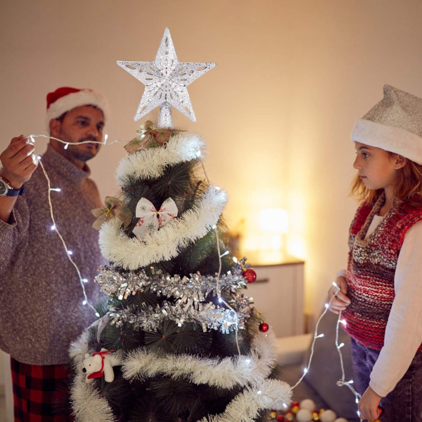 DG-Direct Christmas Tree Topper Lighted Star [Silver],3D Hollow Sparkling Star Christmas Tree Topper with Rotating Magic Cool White Snowflake Projector for Christmas Tree Ornament (Silver)