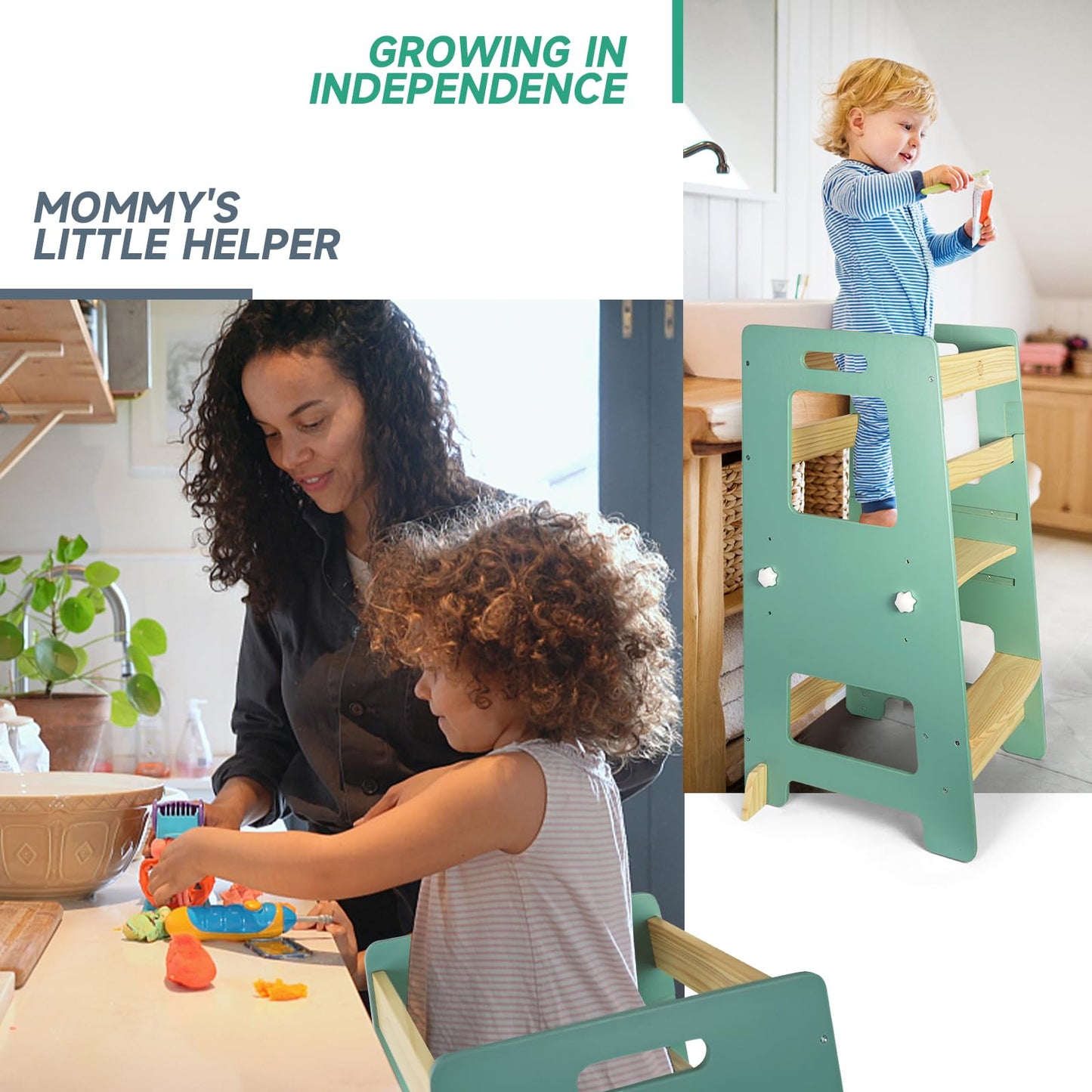 WOOD CITY Kitchen Step Stool - Safe Montessori Standing Tower for Kids with Safety Rail, Height Adjustable Toddler Ideal Helper for Learning New Skills, Anti-Slip Protection for Bathroom - Green…