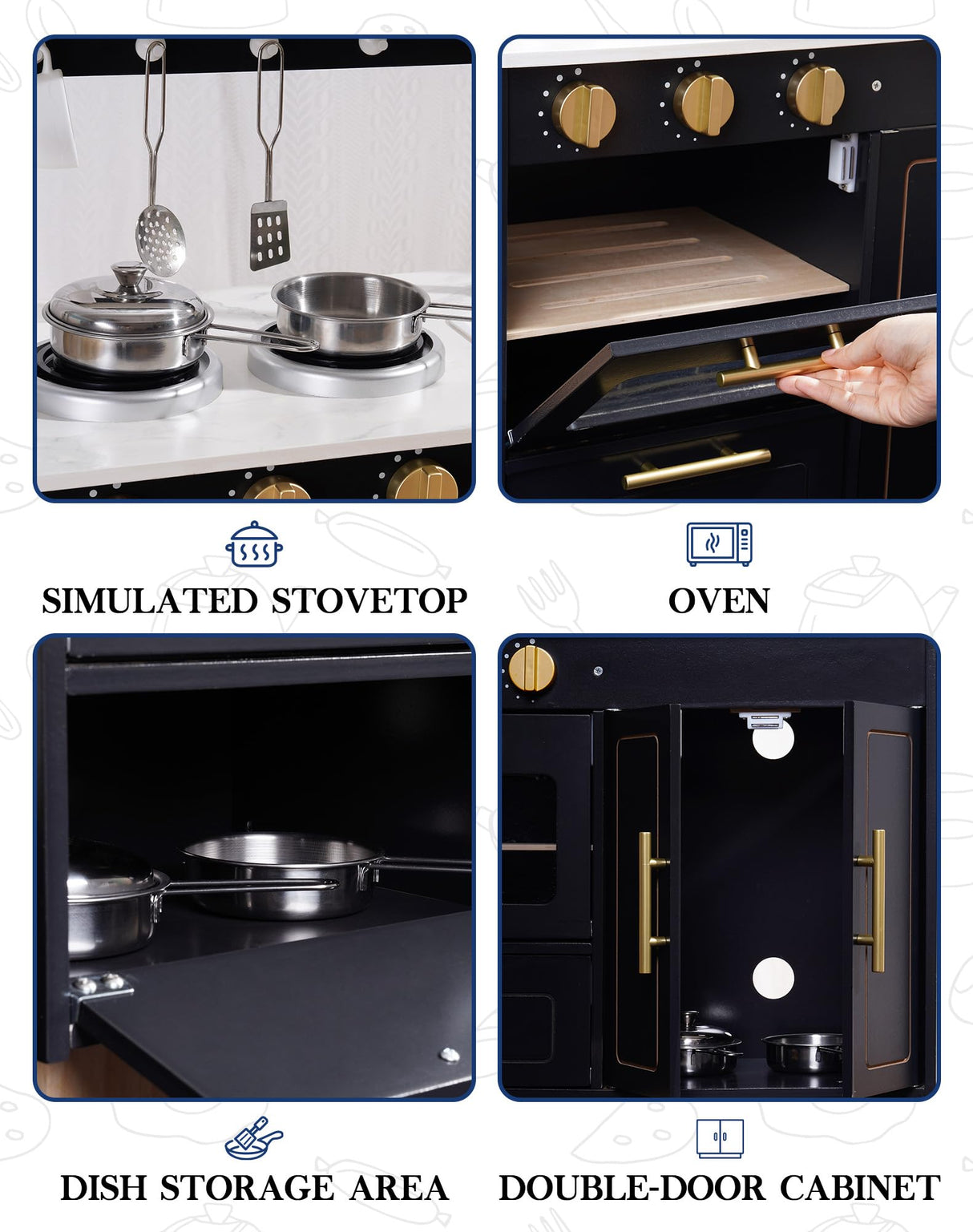 ROBUD Play Kitchen Set - Wooden Marble-Style Kitchen Playset with Realistic Stove, Oven & Sink for Kids Ages 3+ ROBUD