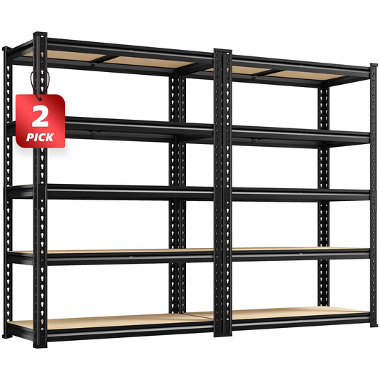 REIBII 5 Tier Storage Shelves 2 Packs Garage Shelving Heavy Duty Load 2000LBS， 60" H x 27.6" W x 11.8" D Adjustable Metal Shelving Unit, Utility Rack Shelf for Basement Pantry Shed Warehouse, Black