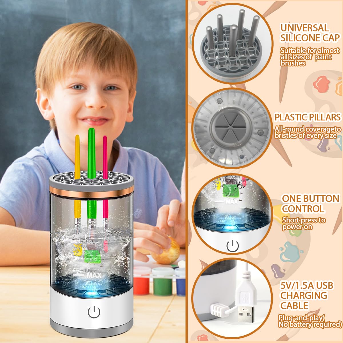 Vodolo Electric Paint Brush Cleaner Machine,Easy Premium paintbrush Cleaner Professional Automatic Spinning Water Color Brush Cleaning Tool Cleanser Machine,Painting Artist Accessories Vodolo