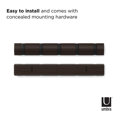 Umbra Flip Wall-Mounted Coat Rack Rail Hook for Hats, Jackets, Bags and More – Modern, Space-Saving Storage Organizer for Entryway, Mudroom, Closet, Bathroom, Bedroom, Kids Room, or Nursery, 5 Hooks, Walnut/Black Umbra