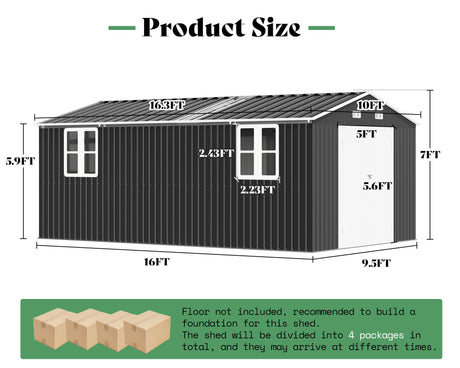 AMERLIFE 10x16x7.2 FT Metal Storage Shed with 2 Transparent Panels, Outdoor Tool Shed with Hinged Double Doors, Windows & Vents, Reinforced Steel Frame for Backyard Garden, DIY Workshop, Dark Gray AMERLIFE