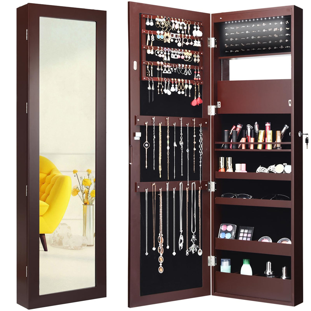 Giantex LED Jewelry Cabinet Wall Mounted Door Hanging, Lockable Jewelry Armoire with 47.2'' Full Length Mirror, Foldable Makeup Tray, Lipstick Brush Holders, Jewelry Storage Organizer (Brown) Giantex