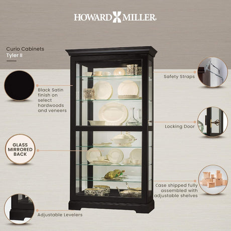 Howard Miller Tyler II Curio Cabinet - Modern Black Satin Storage Cabinet with Locking Glass Doors - Adjustable Shelves & Adjustable Levelers Perfect for Home Decor, Dining or Bedroom Display Howard Miller