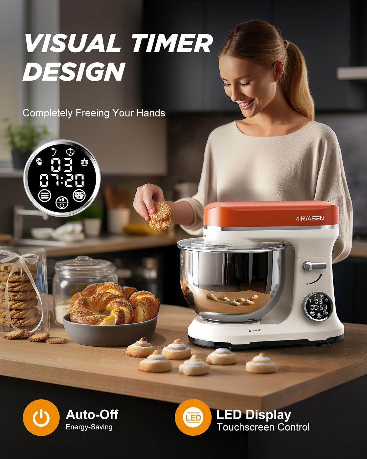 AIRMSEN Automatic Stand Mixer with LED Touchscreen & Timer - 11 Speed Tilt-Head Dough Mixer Fits 5.3QT Bowl & 3-IN-1 Attachments - Kitchen Electric Mixer for Bread Cake Baking - Beige and Orange AIRMSEN